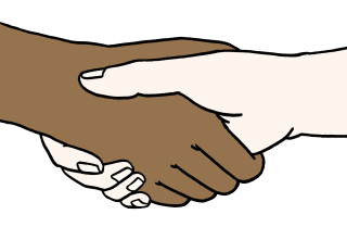 Hände Illustration eines Händedrucks zwischen zwei Personen. Die eine Hand hat eine dunklere Hautfarbe, die andere eine hellere Hautfarbe. Der Hintergrund ist weiß, und der Fokus liegt auf dem symbolischen Akt des Händeschüttelns.
