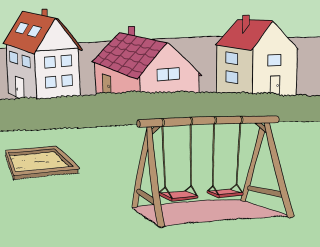 Spielplatz 3 Häuser und zentral ein Spielplatz mit einer Schaukel