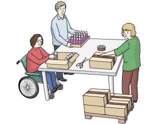 Arbeit Personen arbeiten an einem Tisch. Sie verpacken Materialien in Kartons.