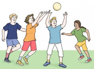 Ball spielen Vier Personen spielen mit einen Ball