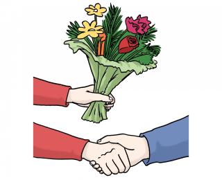 Übergabe Blumenstrauß mit Handschlag.