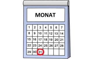 Kalender Monat Kalender mit Überschrift Monat. Der letzte Tag im Monat ist rot markiert.