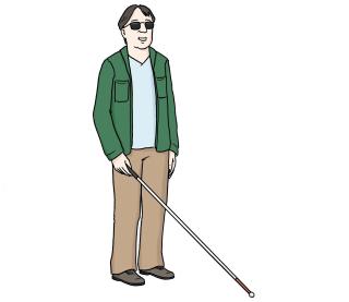 Mann mit Sonnenbrille und Blindenstock.