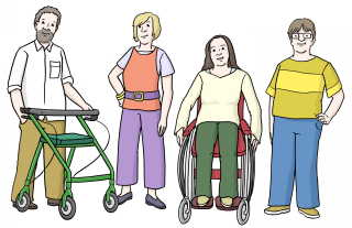 4 Menschen stehen nebeneinander. Darunter eine Person im Rollstuhl und eine Person mit einem Rollator.