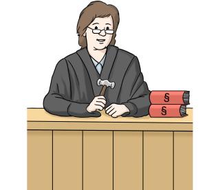 Richterin Eine Richterin im Gerichtssaal. In der Hand hält sie einen Richterhammer. Neben ihr liegen 2 Gesetzbücher.