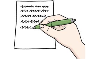 Eine Hand schreibt einen Text mit einem Kugelschreiber auf ein Blatt Papier. 