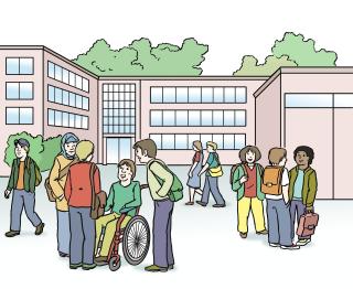 Viele Kinder stehen vor einer Schule