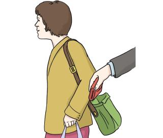Diebstahl Einer Frau wird ihre Geldbörse aus der Tasche gestohlen. Bild zeigt einen Taschendiebstahl.