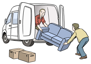 Umzugshelfer tragen ein Sofa in ein großes Auto.