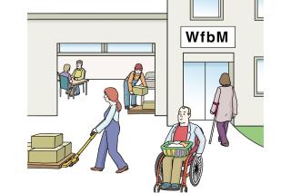 6 Personen arbeiten in einer Werkstatt für behinderte Menschen. 