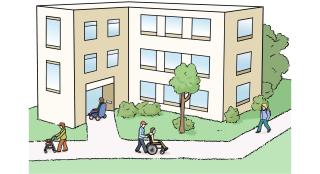 Mehrstöckiges Wohngebäude mit Begrünung.
