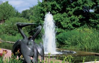 Skulptur 2 Pelikane mit Springbrunnen und Begrünung im Sommer.