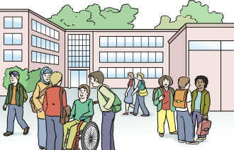 Schüler bewegen sich auf dem Schulhof. Schüler unterhalten sich.