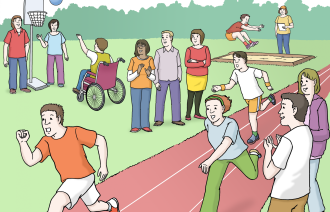 Sportliche Aktivitäten von Personen. Wettlauf, Basketball, Weitsprung.