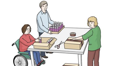 Arbeit Personen arbeiten an einem Tisch. Sie verpacken Materialien in Kartons.