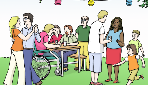 Menschen feiern ein Fest. Menschen unterhalten sich und tanzen. Kinder rennen.