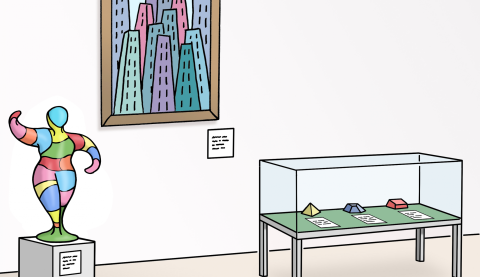 Museum An der Wand hängt ein Bild. Vor der Wand steht eine Skulptur und eine Vitrine.
