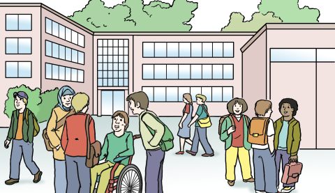 Schüler bewegen sich auf dem Schulhof. Schüler unterhalten sich.